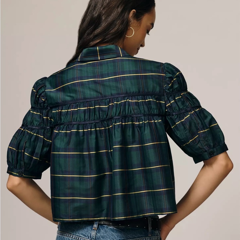 Anthropologie Plaid Puff Sleeve Blouse - Dark Green - Picture 2 of 2